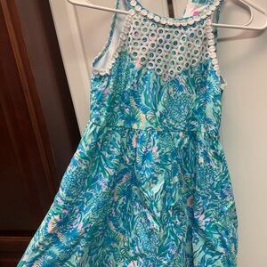 Lilly Pulitzer Blue and Green Patterned Dress with White Lace